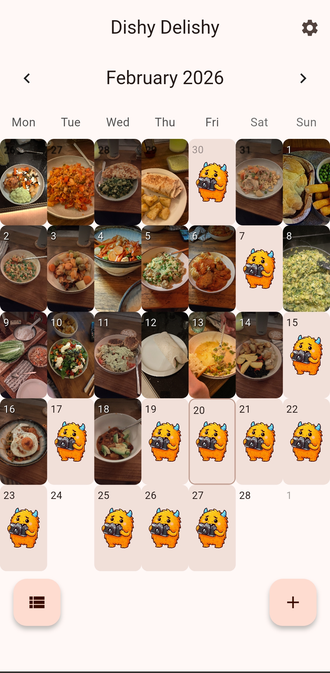 Calendar view showing meals laid out in a monthly grid
