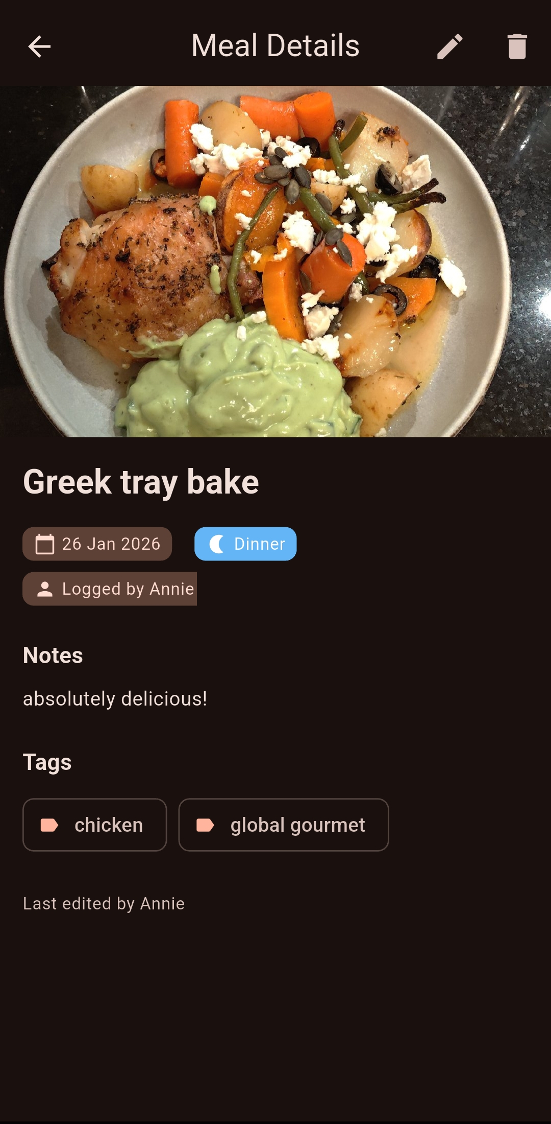 Meal detail screen showing a Greek tray bake with photo, tags, and notes