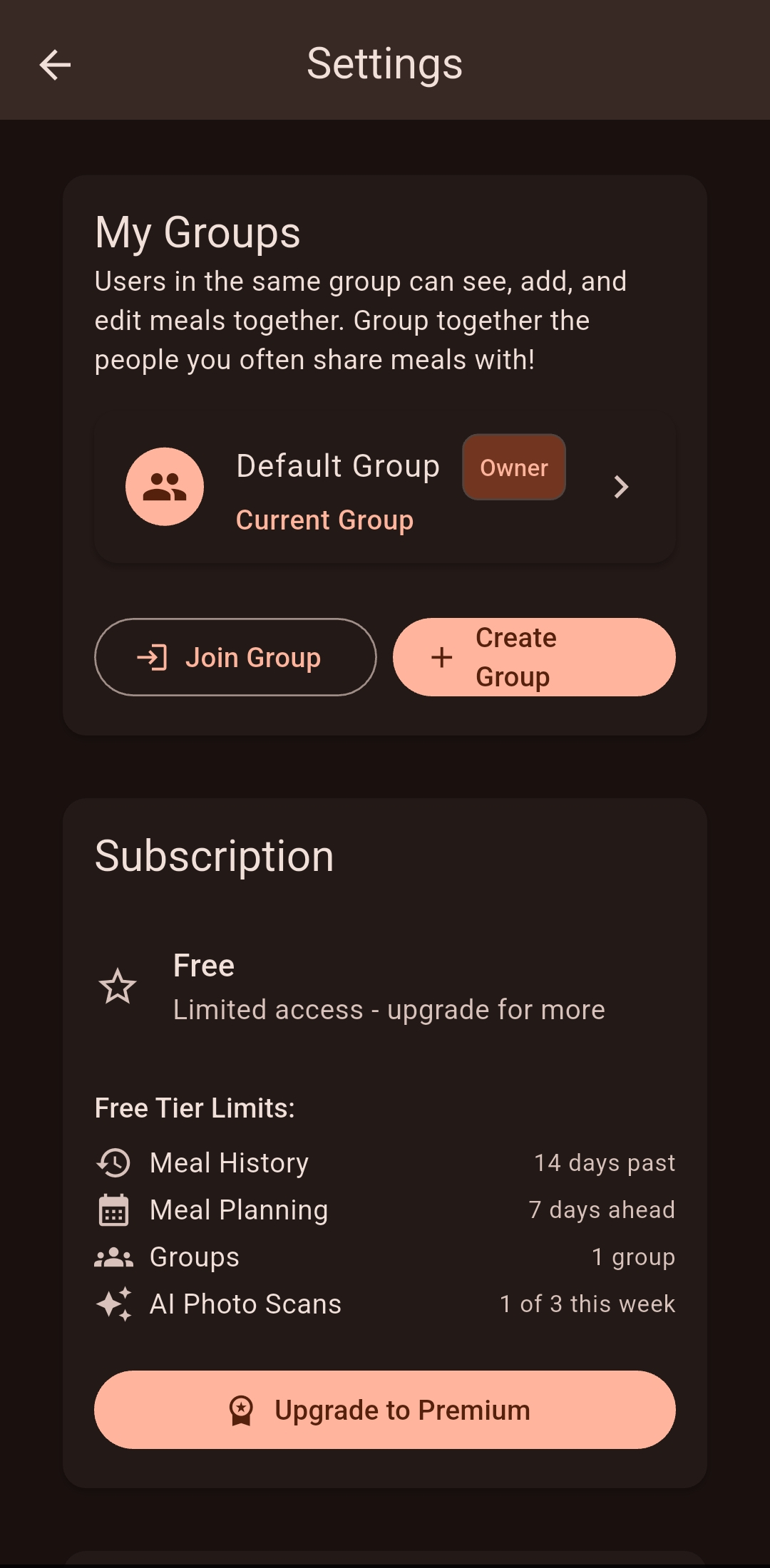 Settings screen showing My Groups section with join and create group options
