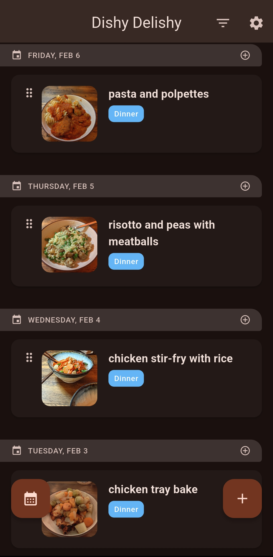 Timeline view showing a chronological log of meals